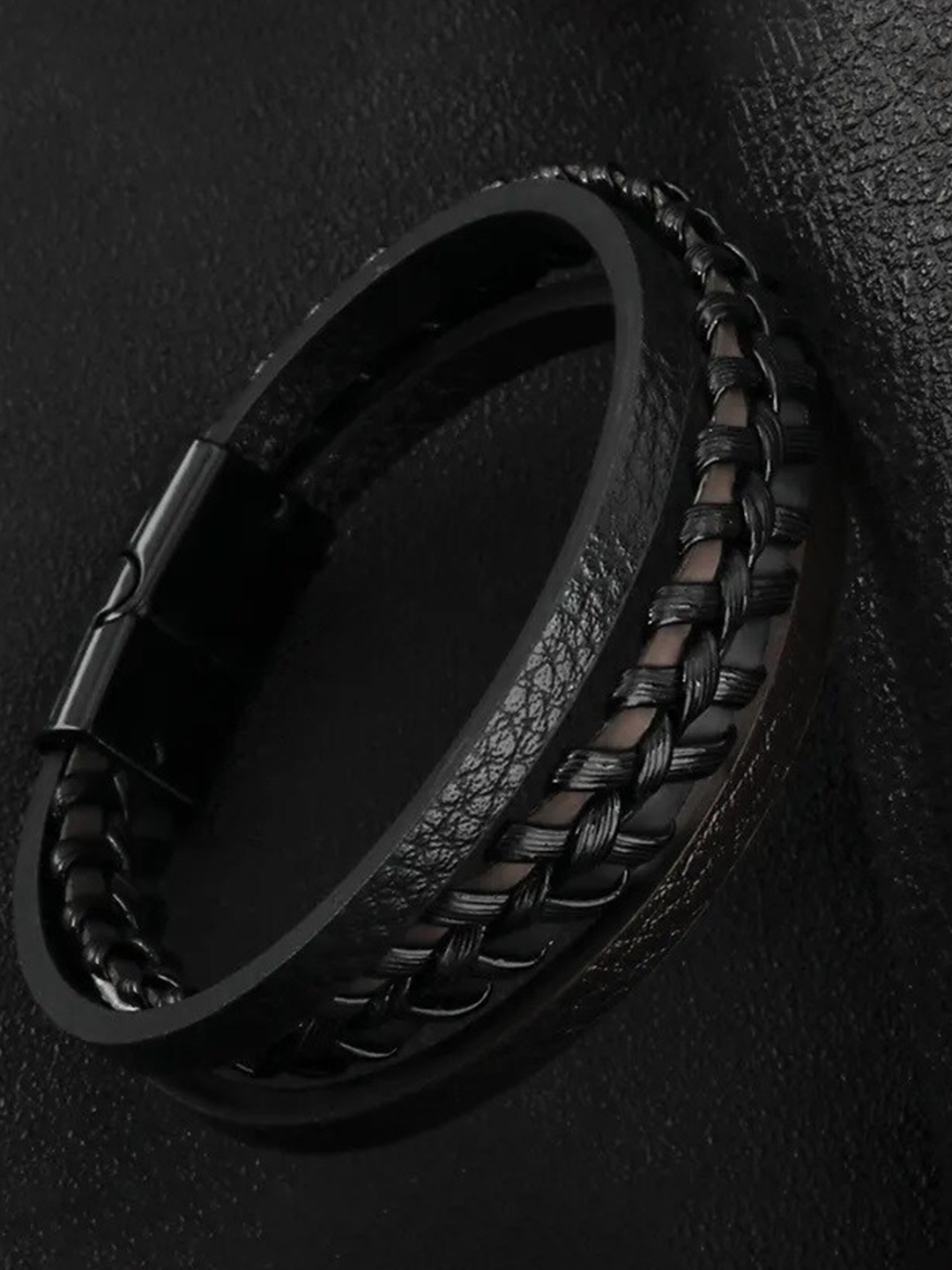 

MEENAZ Men Silver-Plated Leather Multistrand Bracelet, Black