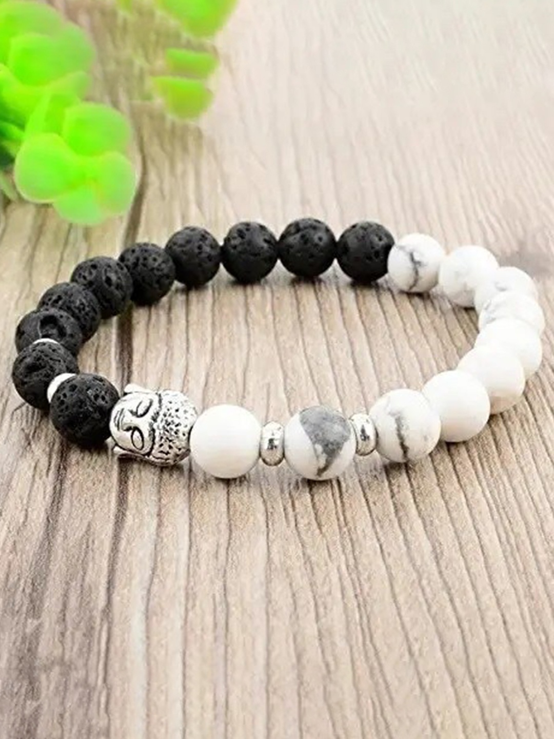 

MEENAZ Men Silver-Plated Stainless Steel Beaded Bracelet, Black