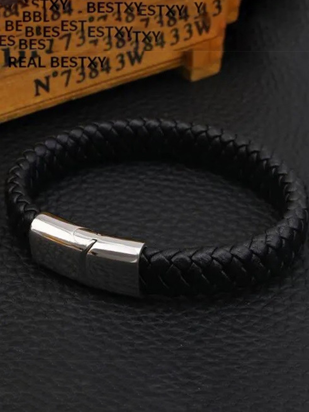 

MEENAZ Men Silver-Plated Leather Kada Bracelet