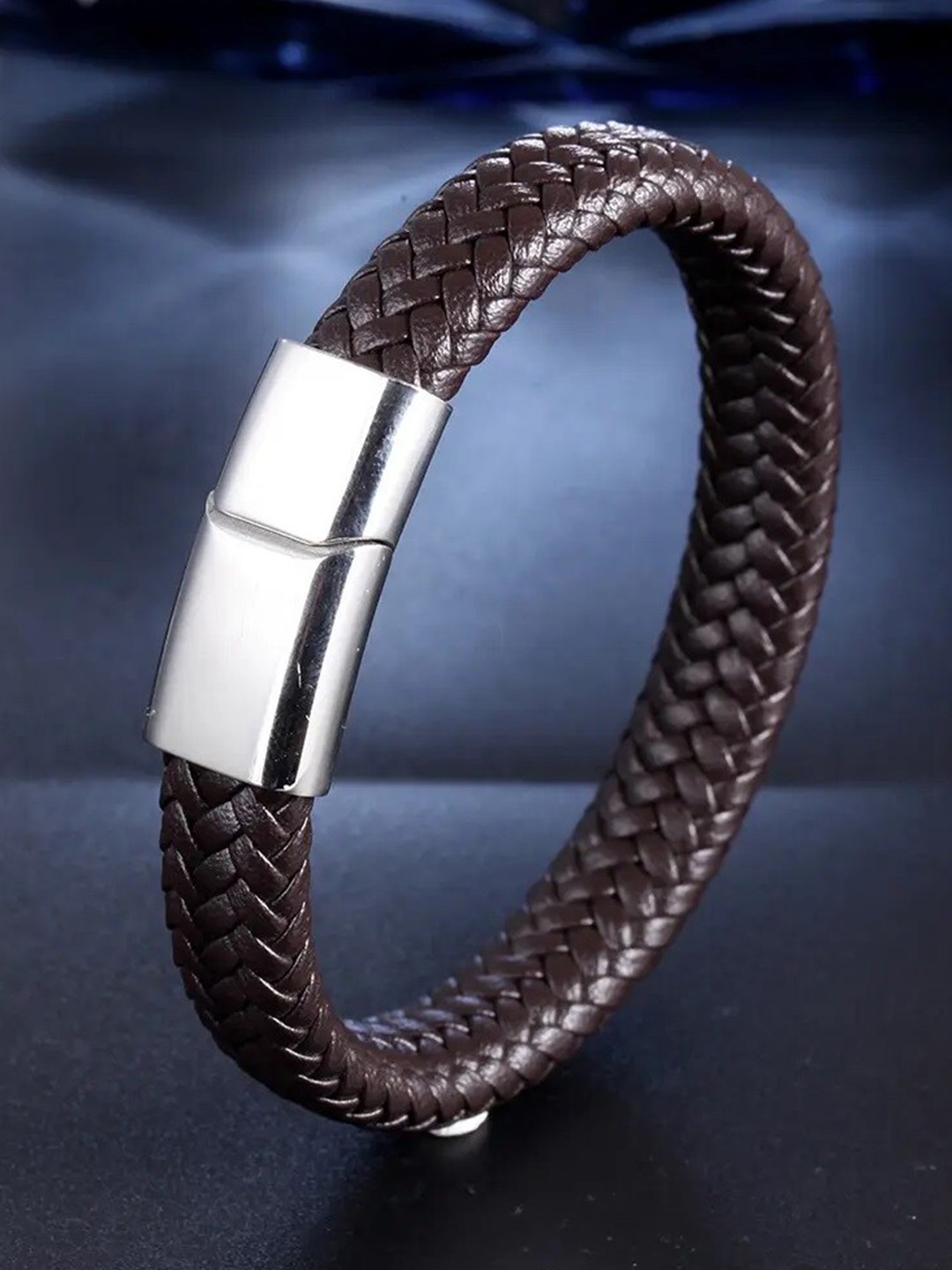 

MEENAZ Men Silver-Plated Leather Kada Bracelet, Black