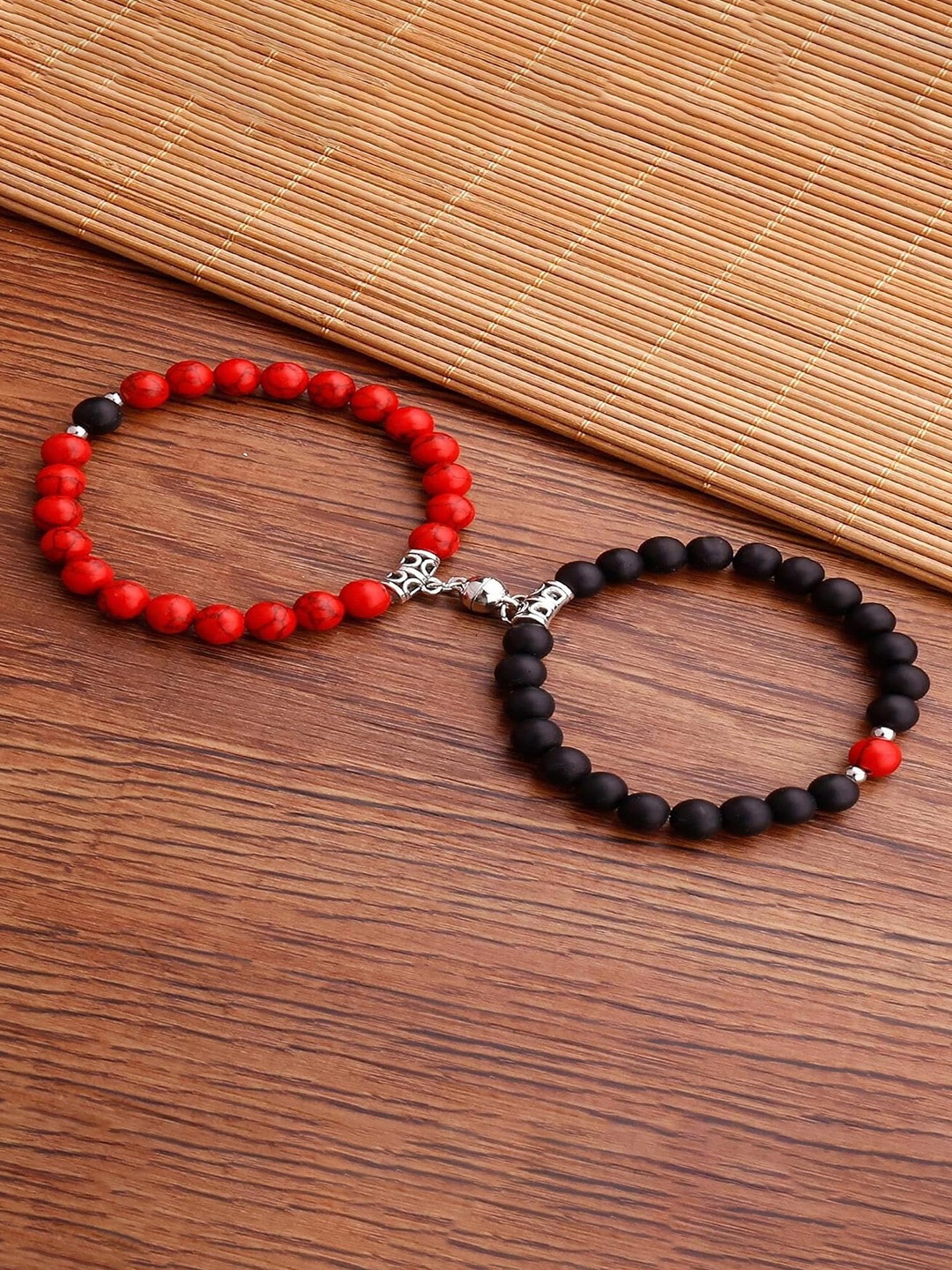 

MEENAZ Unisex Set Of 2 Silver-Plated Beaded Elasticated Bracelets
