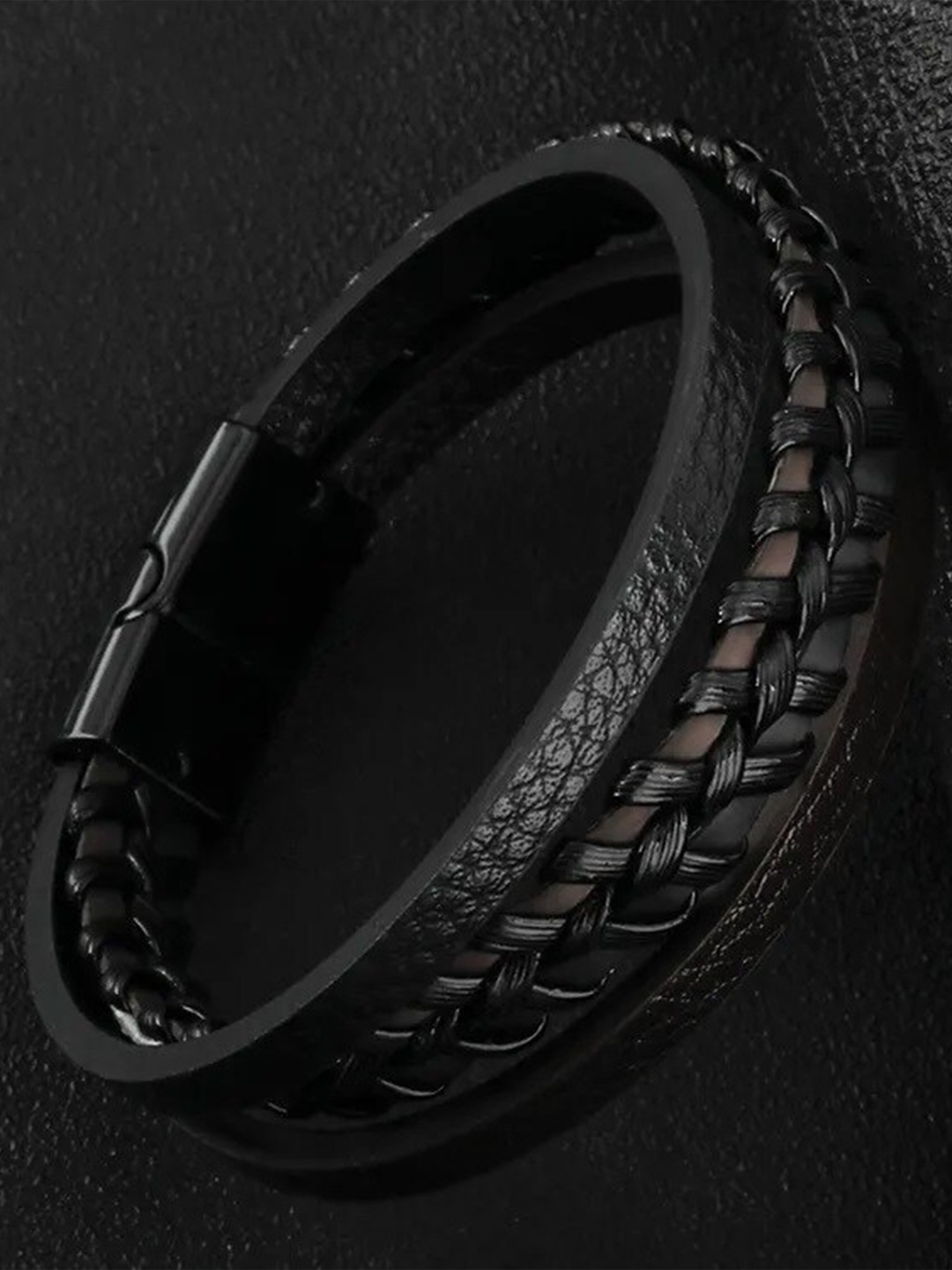 

MEENAZ Men Leather Multistrand Bracelet, Black