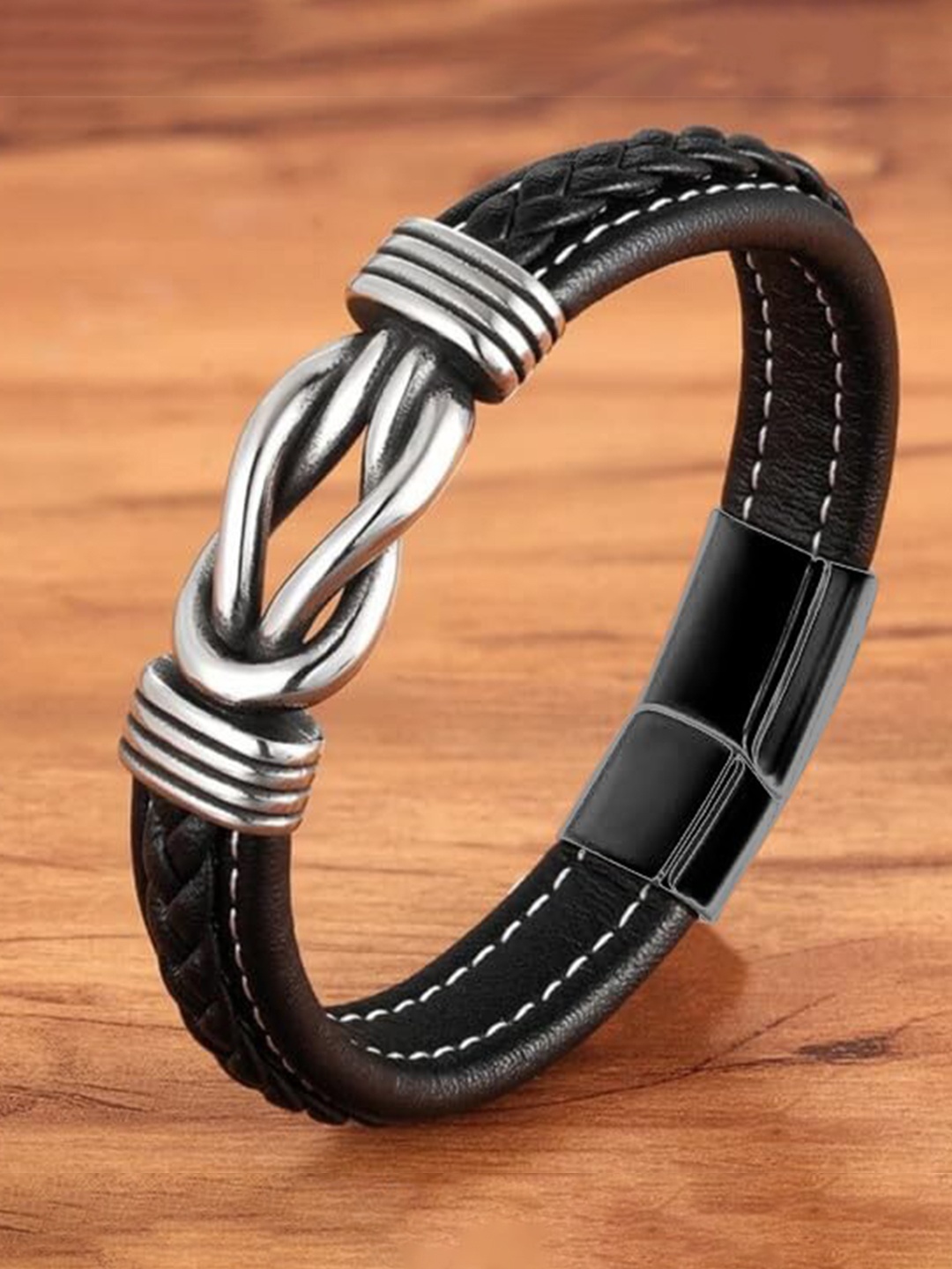 

MEENAZ Men Leather Silver-Plated Multistrand Bracelet, Black