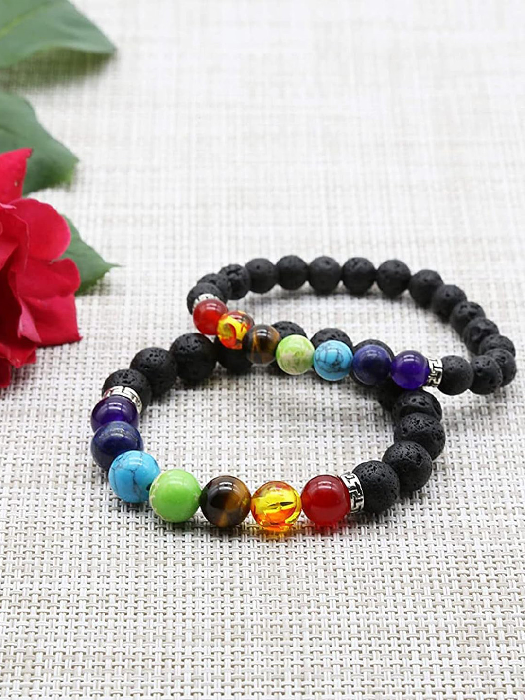 

MEENAZ Men Set of 2 Stainless Steel Silver-Plated Chakra Beaded Elasticated Bracelets