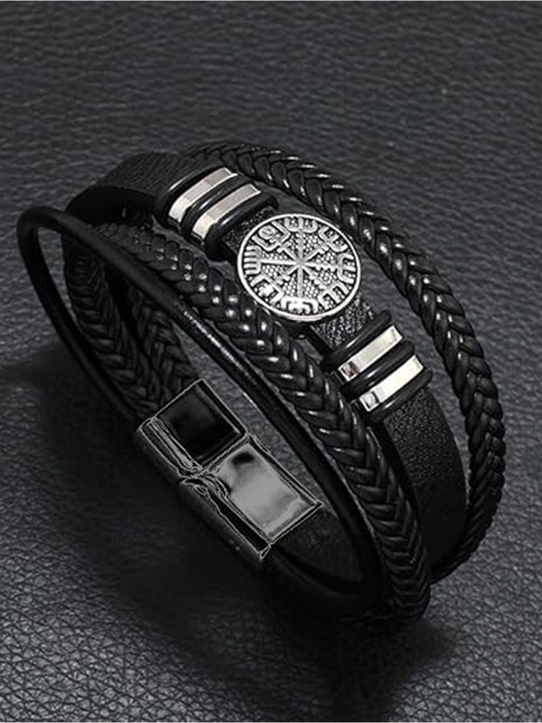 

MEENAZ Men Leather Antique Silver Plated Multistrand Bracelet