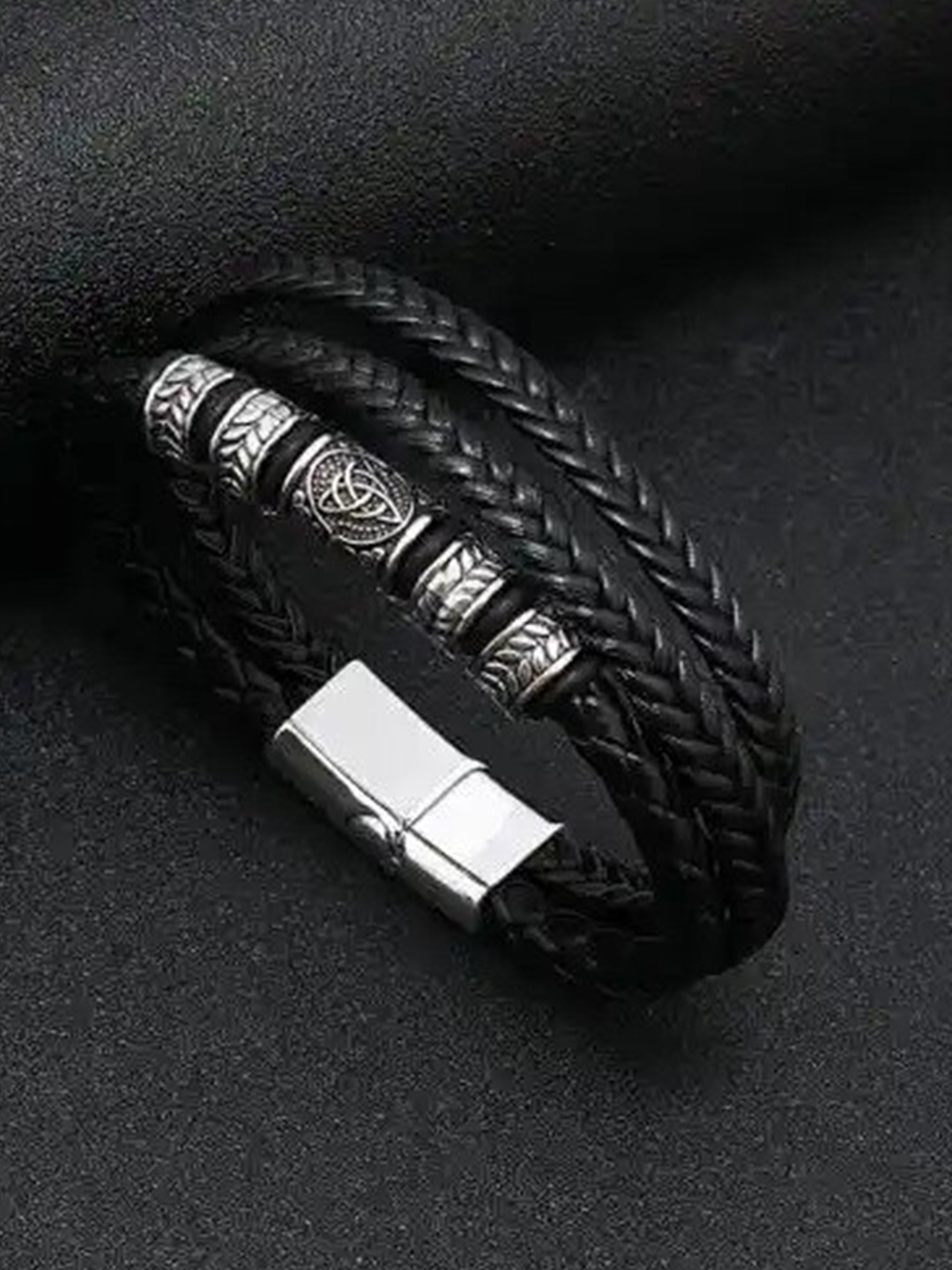

MEENAZ Men Leather Silver-Plated Multistrand Bracelet, Black