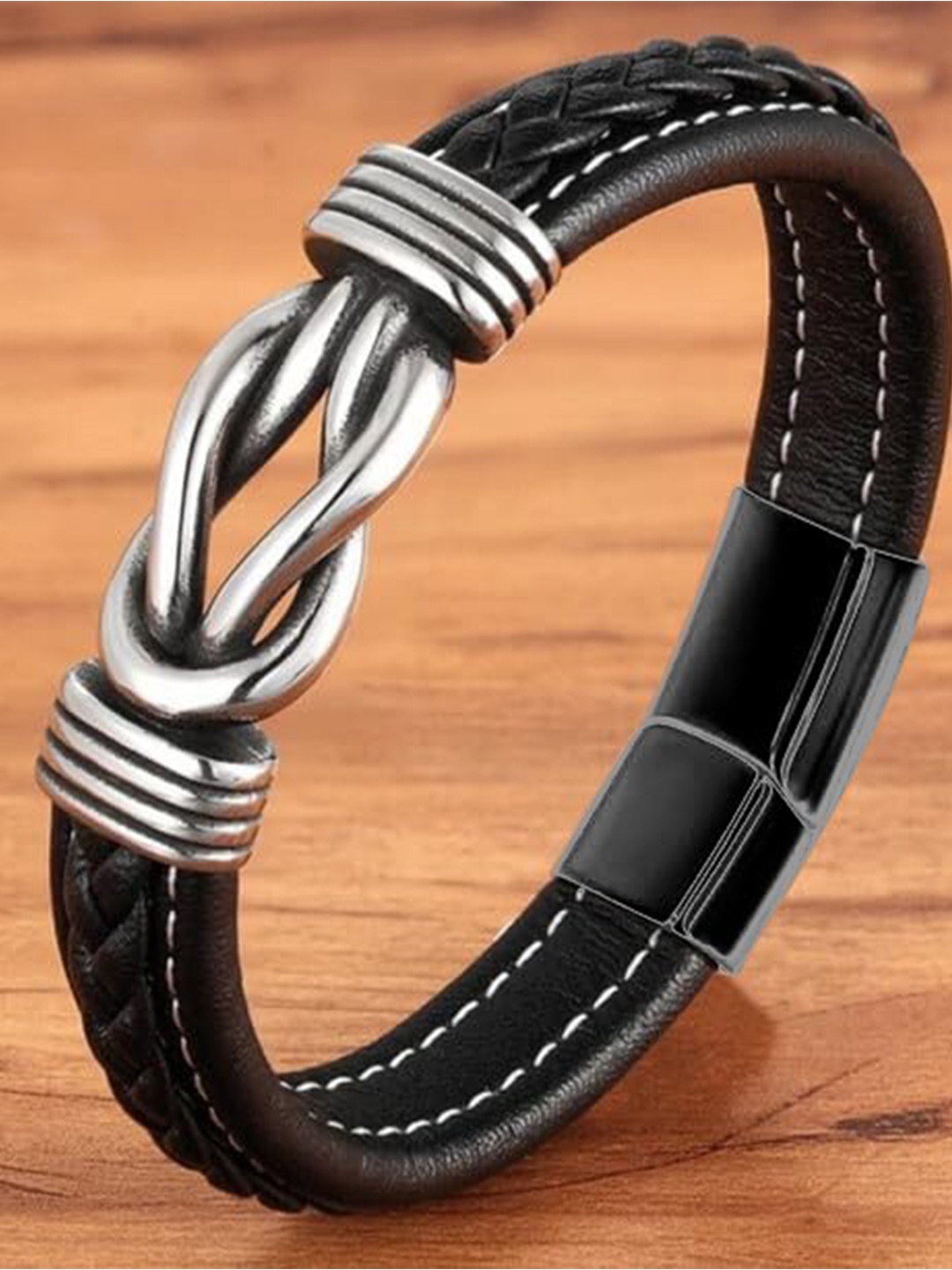 

MEENAZ Men Leather Silver-Plated Multistrand Bracelet
