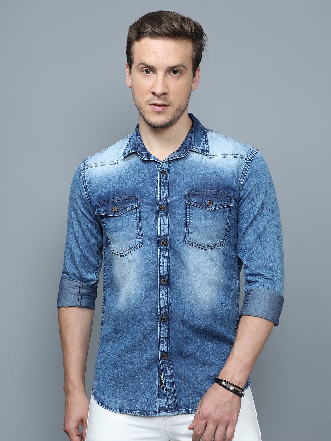 

CAZZBA Faded Spread Collar Long Sleeves Denim Casual Shirt, Blue
