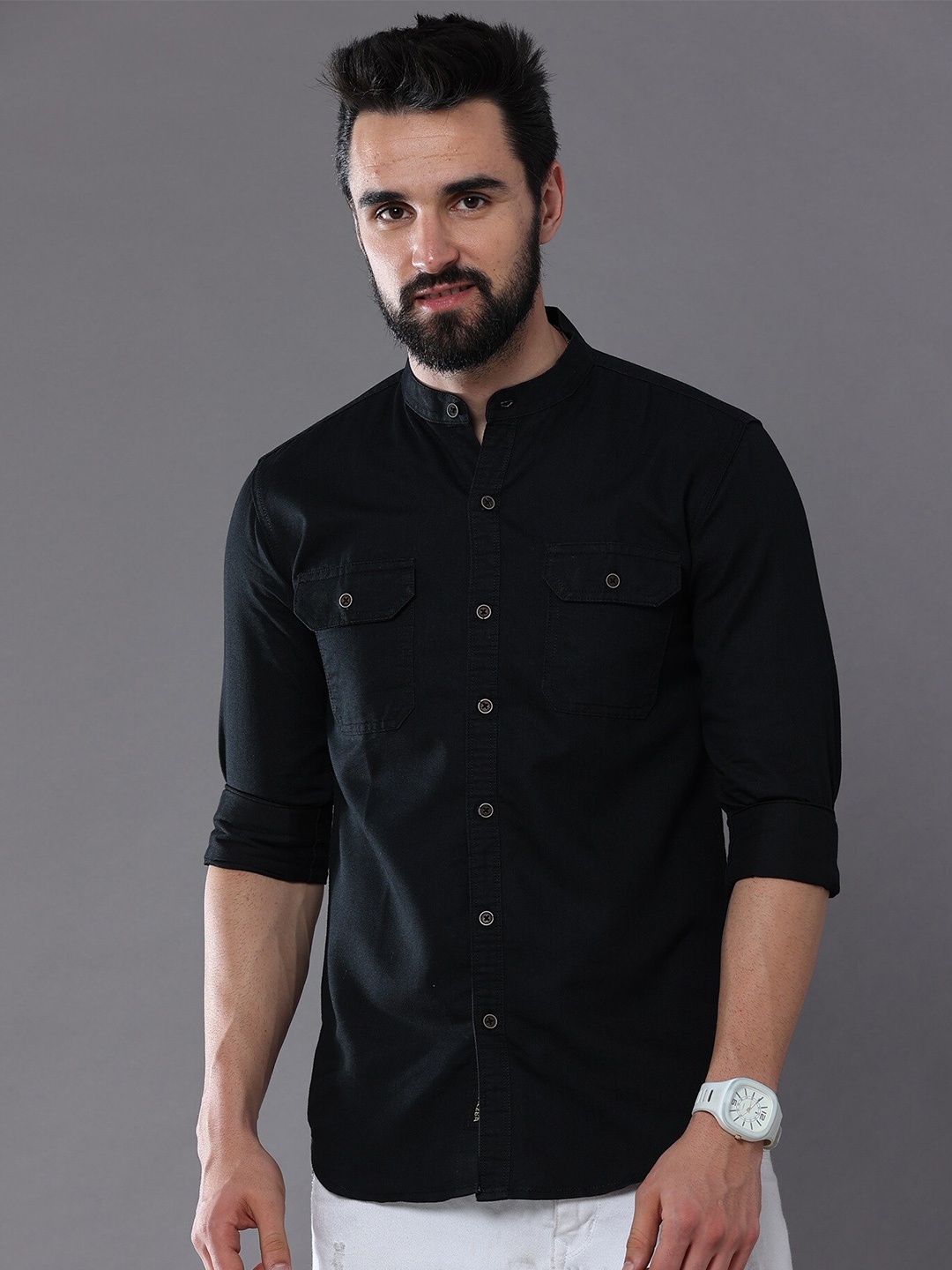 

CAZZBA Mandarin Collar Long Sleeves Denim Casual Shirt, Black