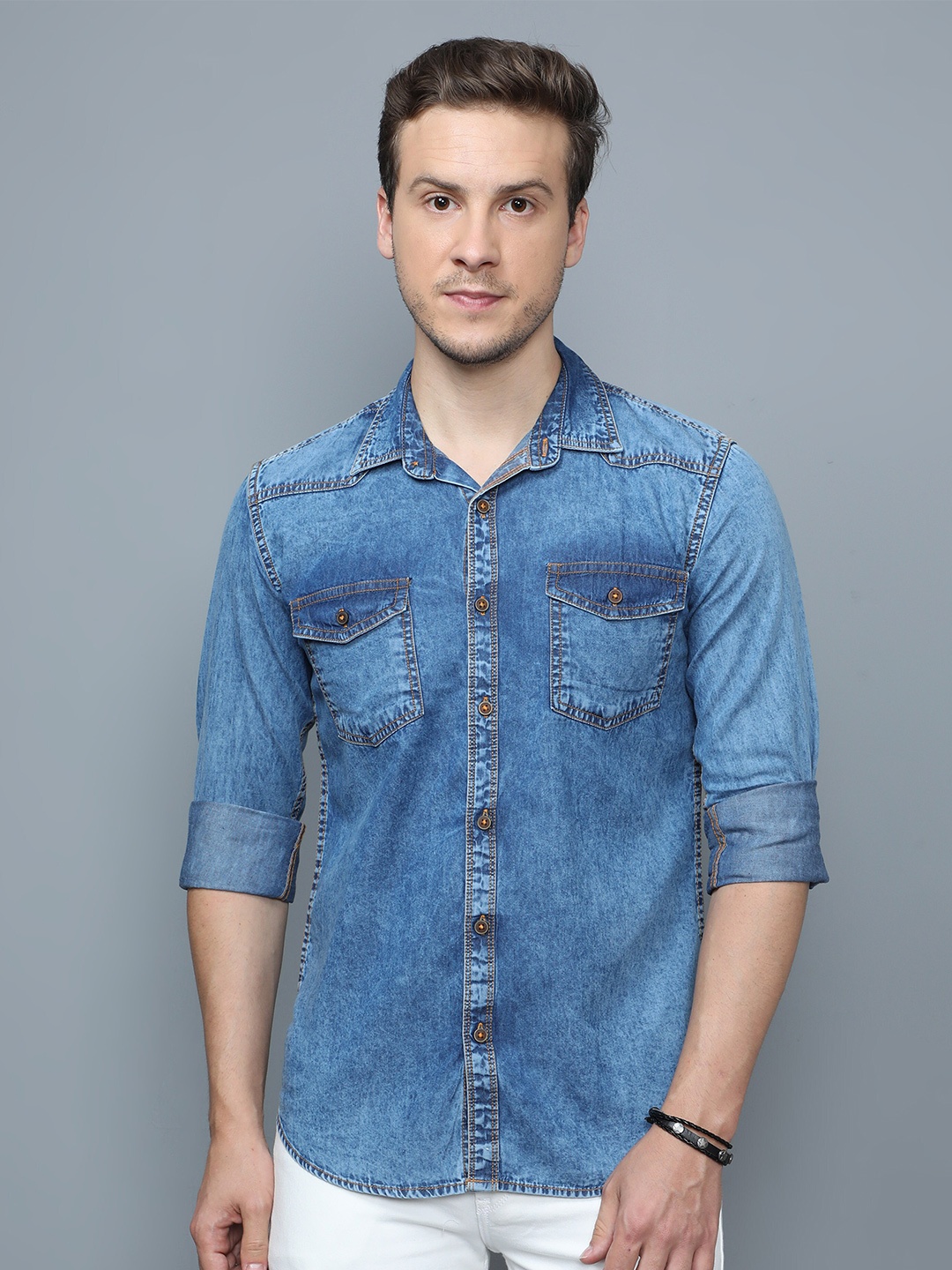 

CAZZBA Faded Spread Collar Long Sleeves Denim Casual Shirt, Blue