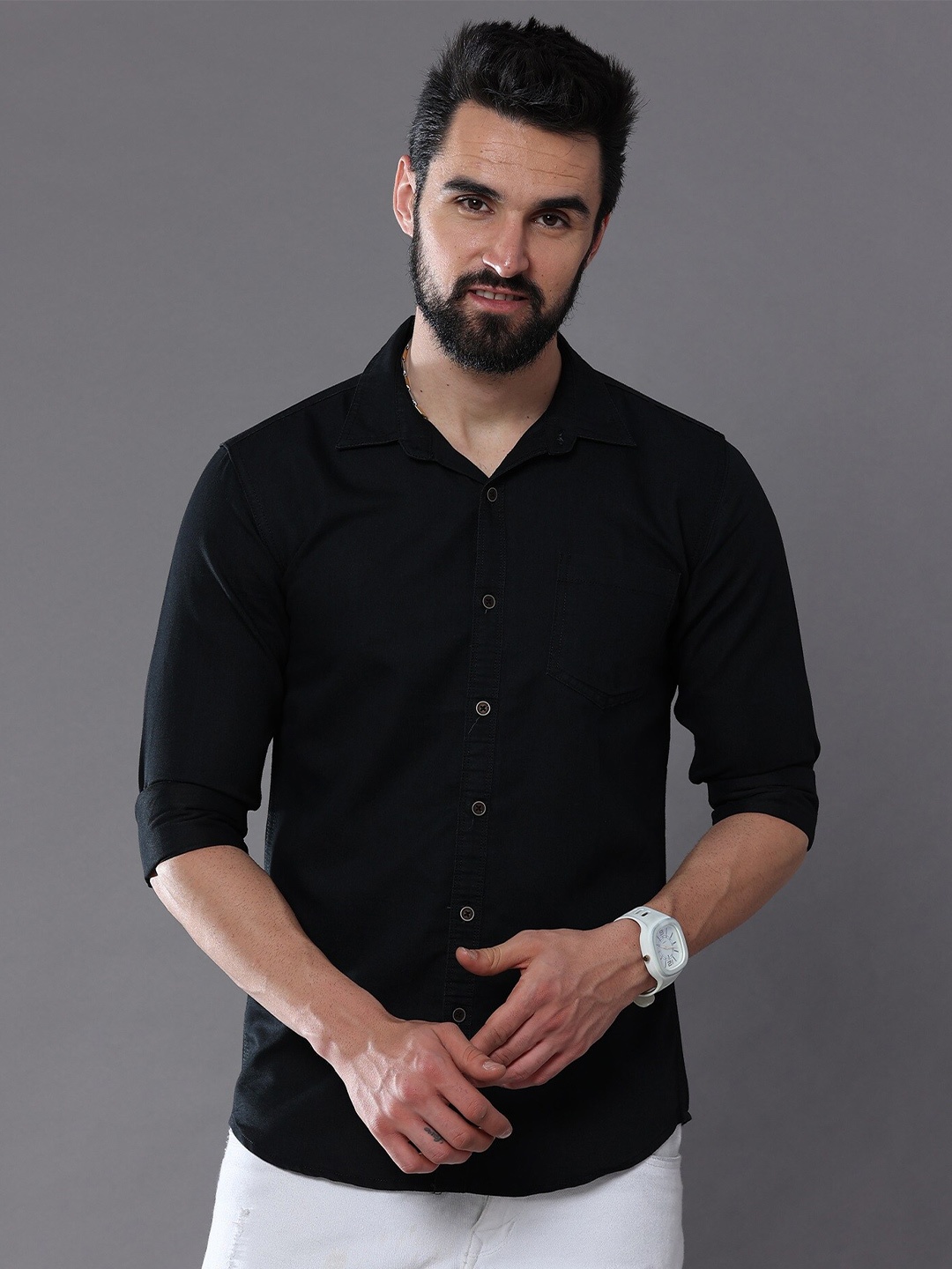 

CAZZBA Spread Collar Long Sleeves Casual Shirt, Black