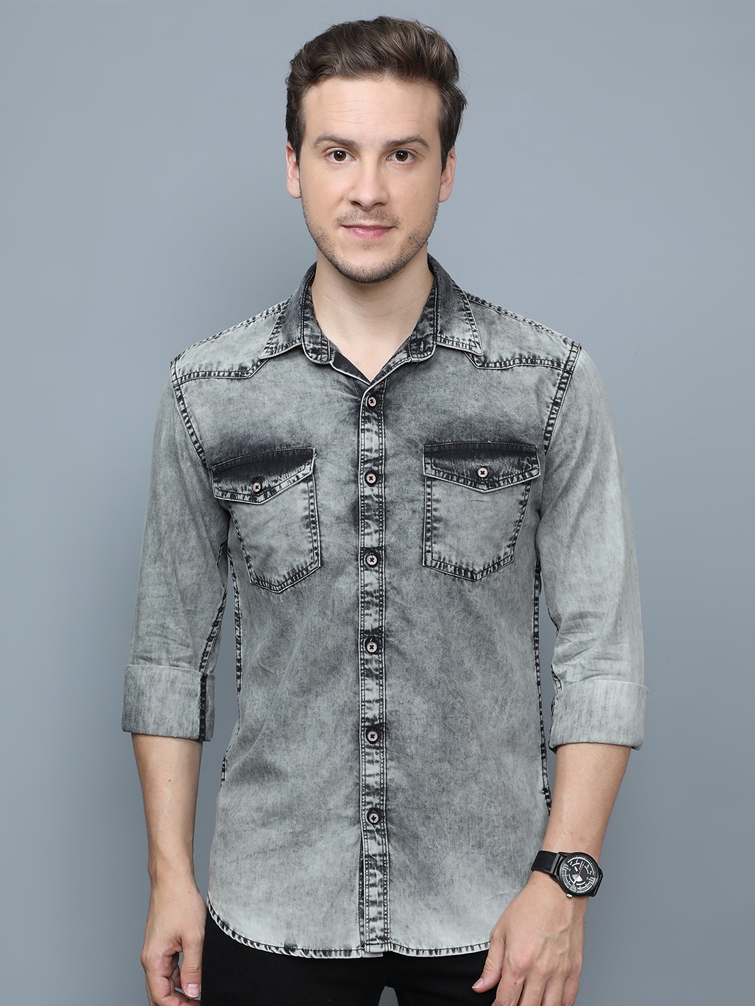 

CAZZBA Faded Opaque Faded Denim Casual Shirt, Grey
