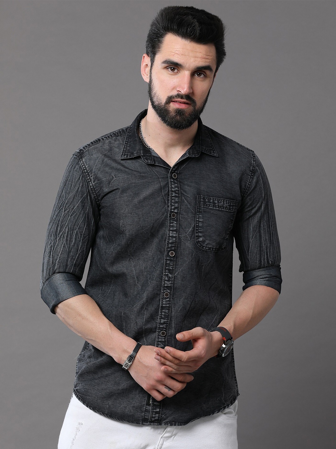 

CAZZBA Faded Spread Collar Long Sleeves Denim Casual Shirt, Black