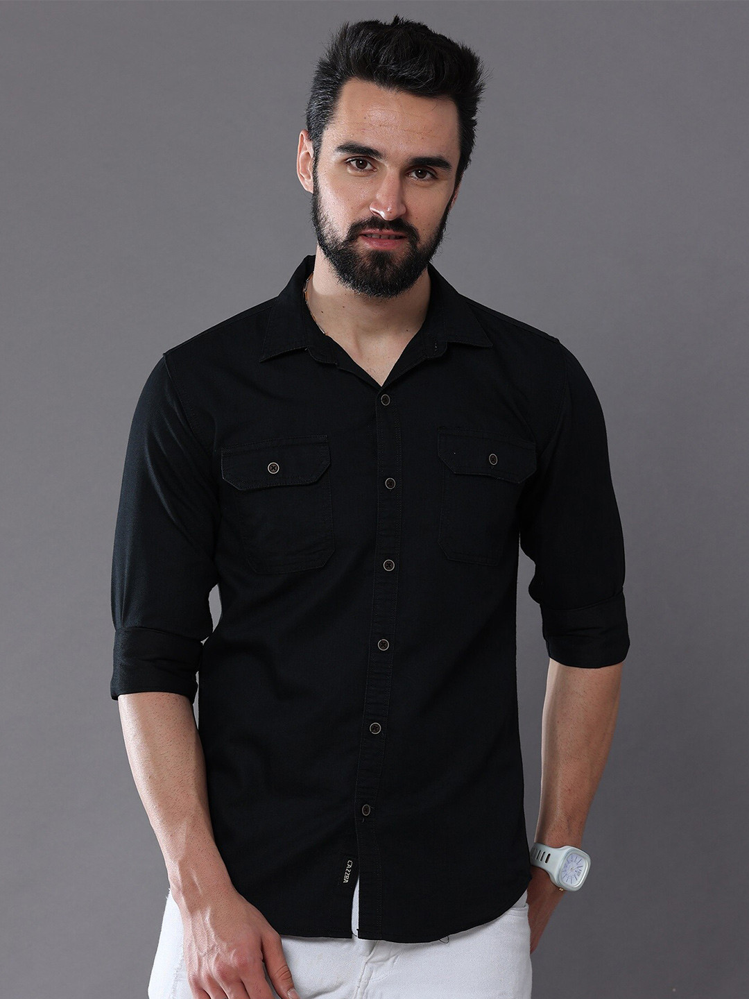 

CAZZBA Spread Collar Long Sleeves Denim Casual Shirt, Black