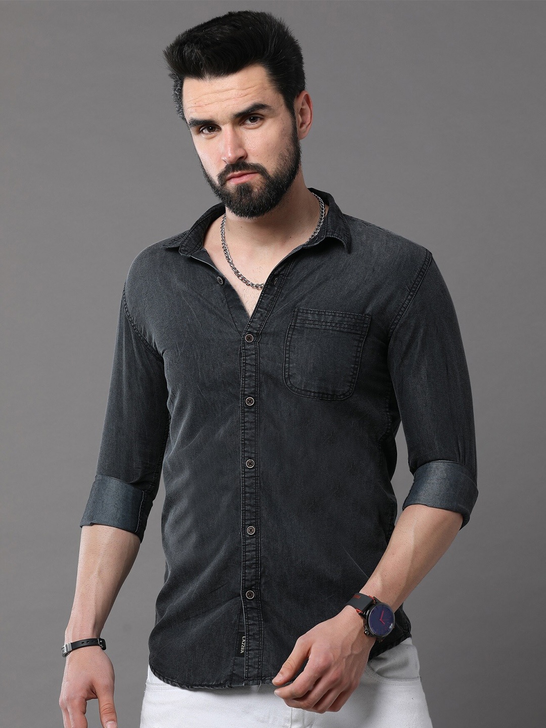 

CAZZBA Spread Collar Long Sleeves Denim Casual Shirt, Black