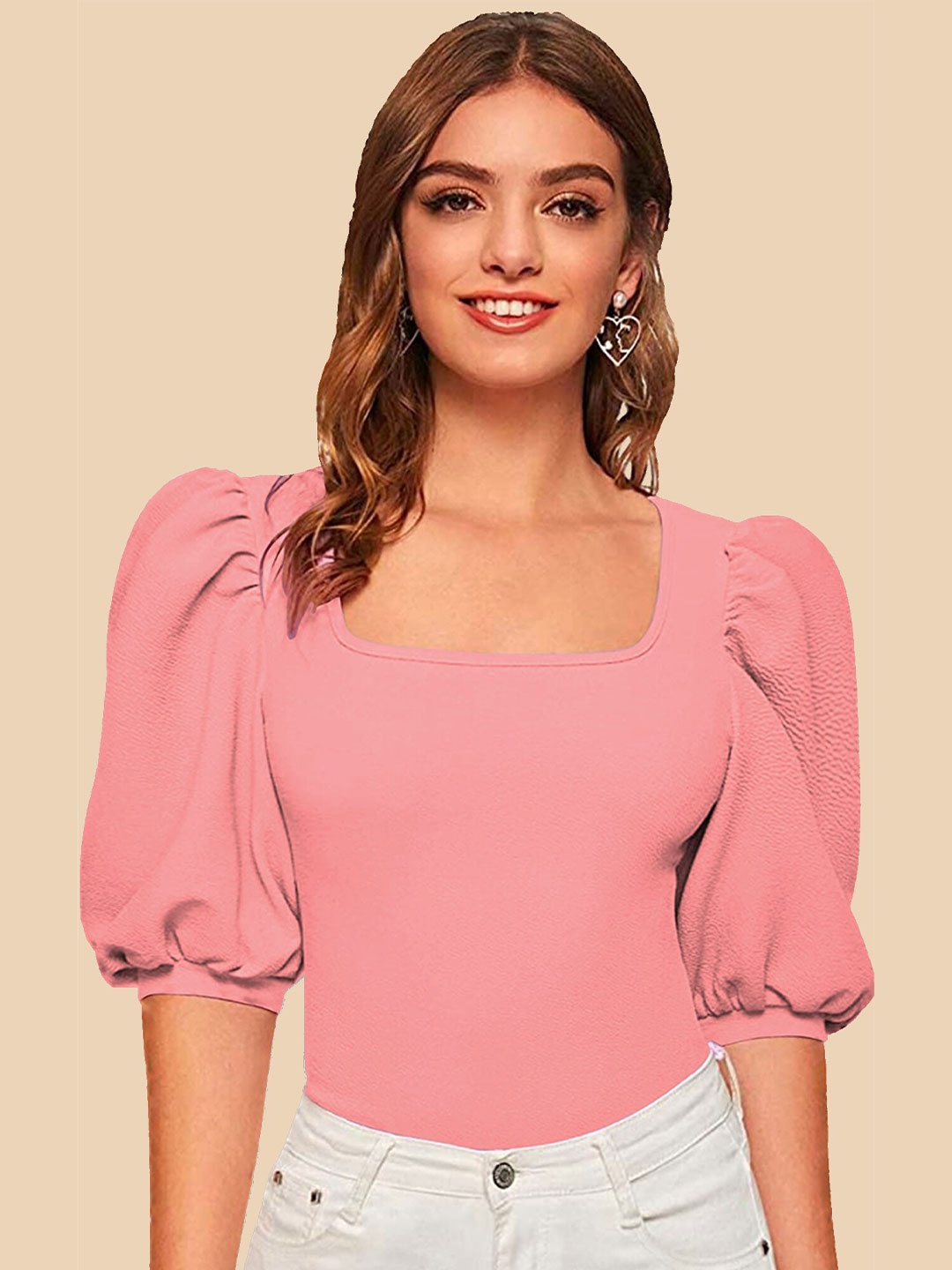 

Dream Beauty Fashion Square Neck Puff Sleeve Top, Peach