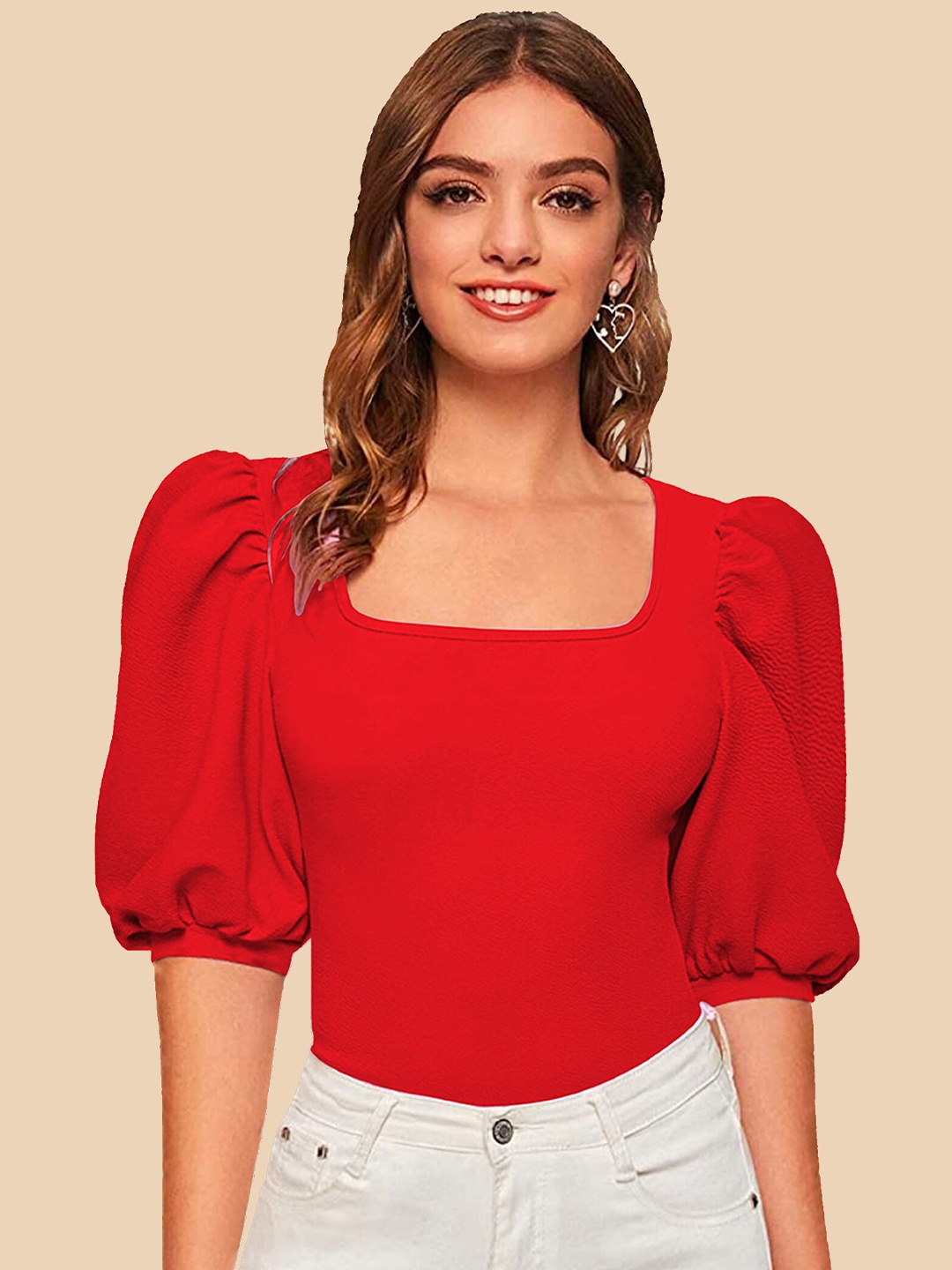 

Dream Beauty Fashion Square Neck Puff Sleeve Opaque Casual Top, Red