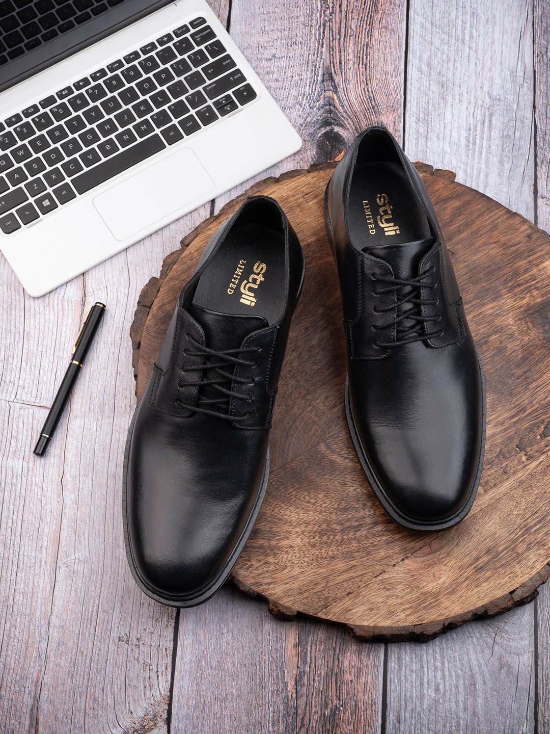 

Styli Solid Leather Formal Derbys, Black