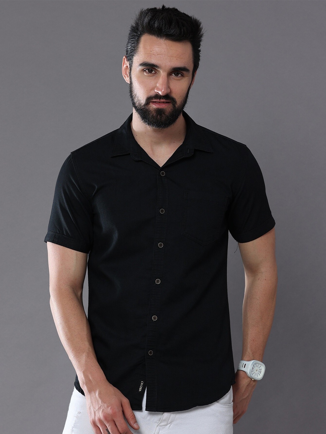 

CAZZBA Spread Collar Short Sleeves Denim Casual Shirt, Black