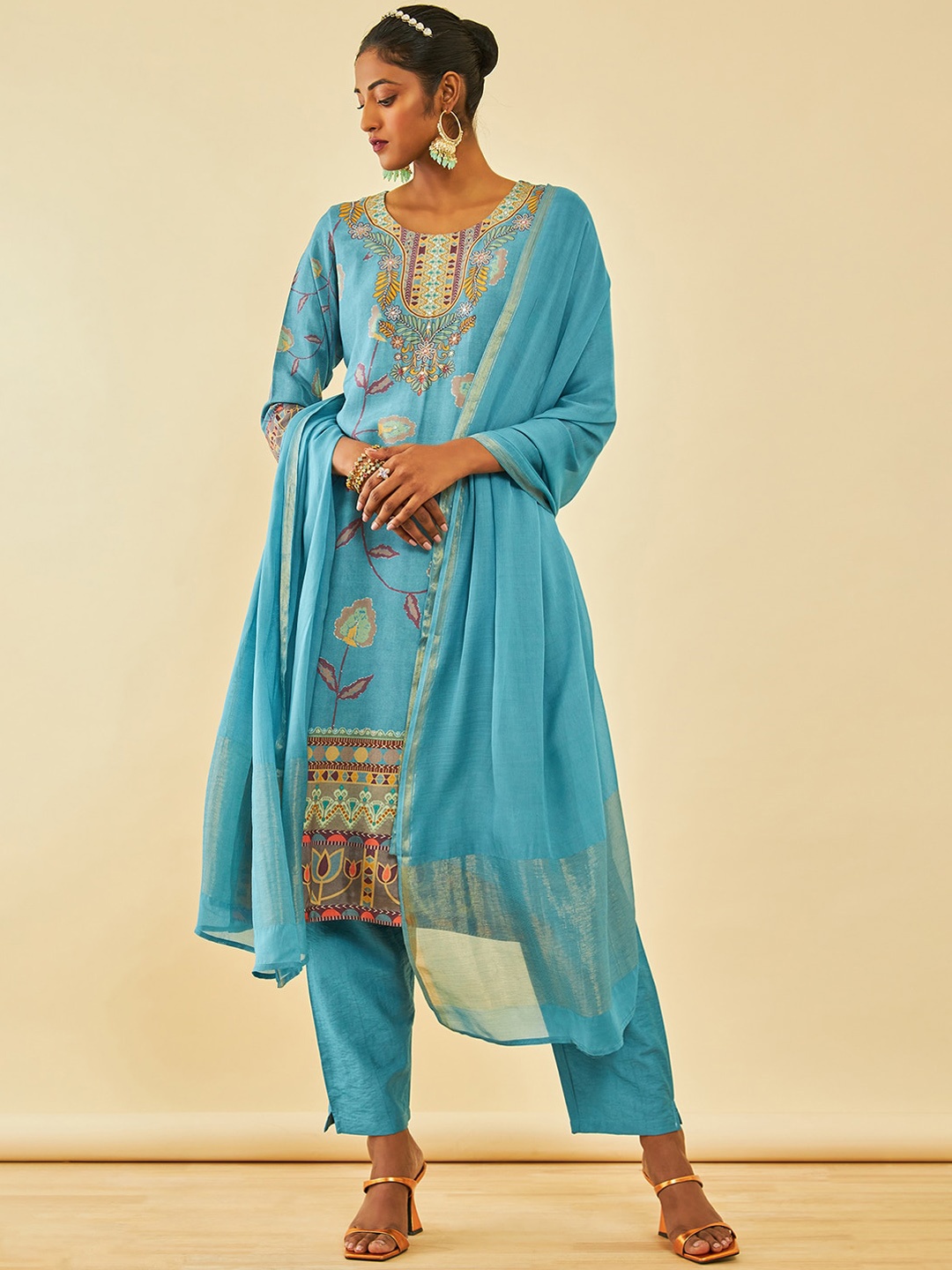 

Soch Floral Printed Regular Beads and Stones Kurta with Trousers & With Dupatta, Blue