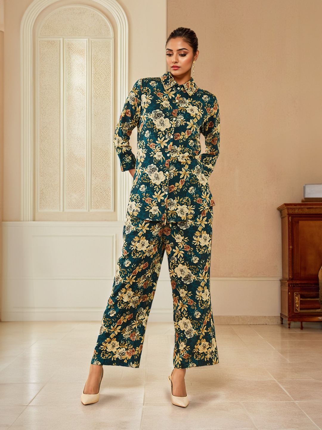 

Soch Floral Printed Shirt & Trouser Co-Ord Set, Teal