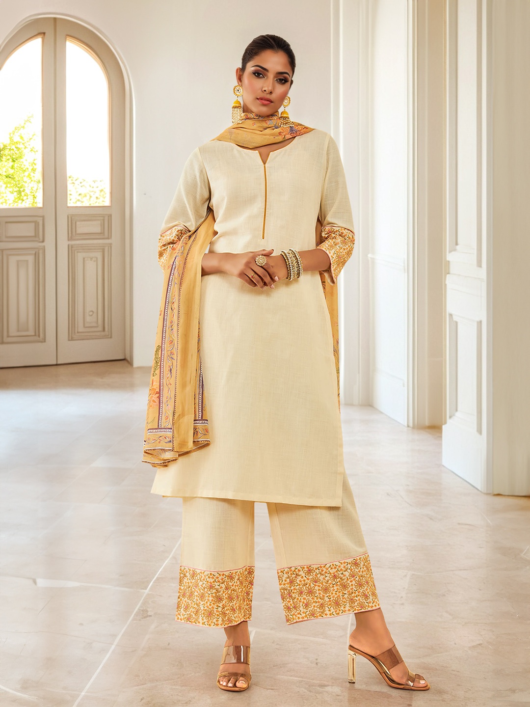 

Soch Off White Floral Embroidered Straight Thread Work Kurta With Palazzos & Dupatta
