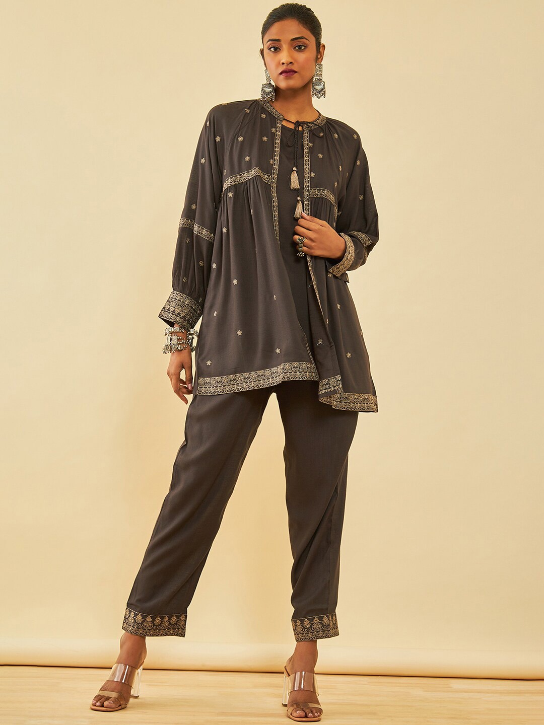 

Soch Round Neck Top & Trousers With Shrug, Charcoal