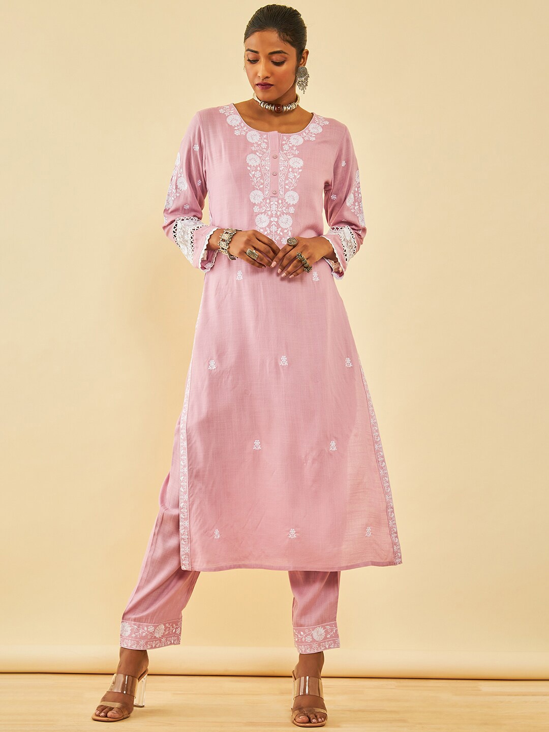 

Soch Pink & White Floral Embroidered Straight Kurta With Trousers