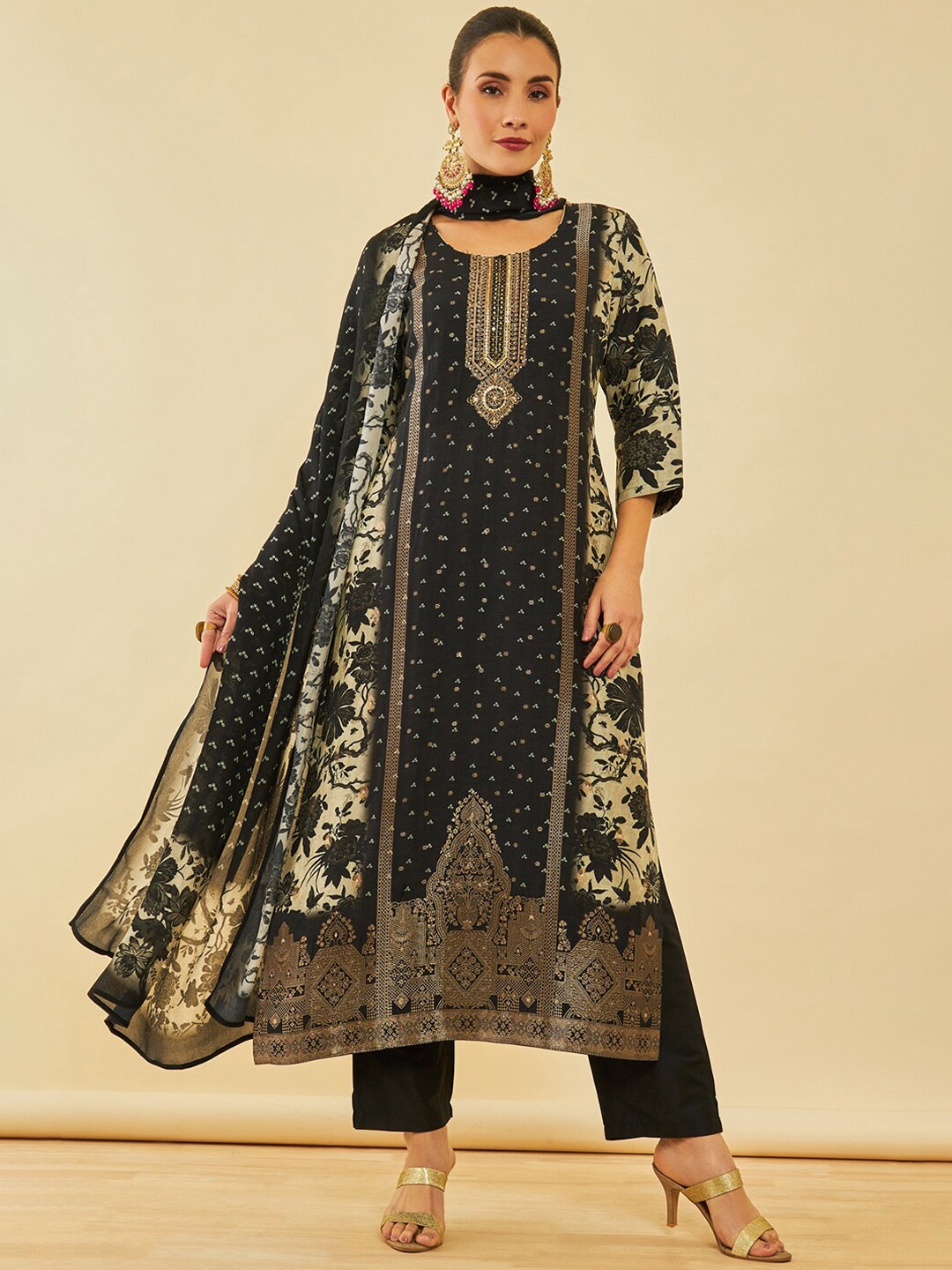 

Soch Floral Printed Regular Zardozi Kurta with Trousers & Dupatta, Black