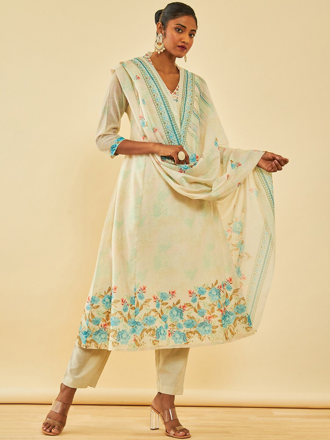 

Soch Cream & Blue Floral Printed Chanderi Silk A-Line Kurta With Trousers & Dupatta