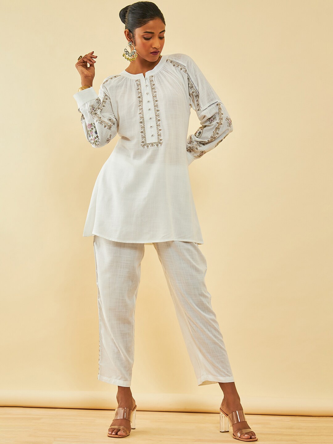 

Soch Floral Embroidered Regular Thread Work Kurta with Trousers, White