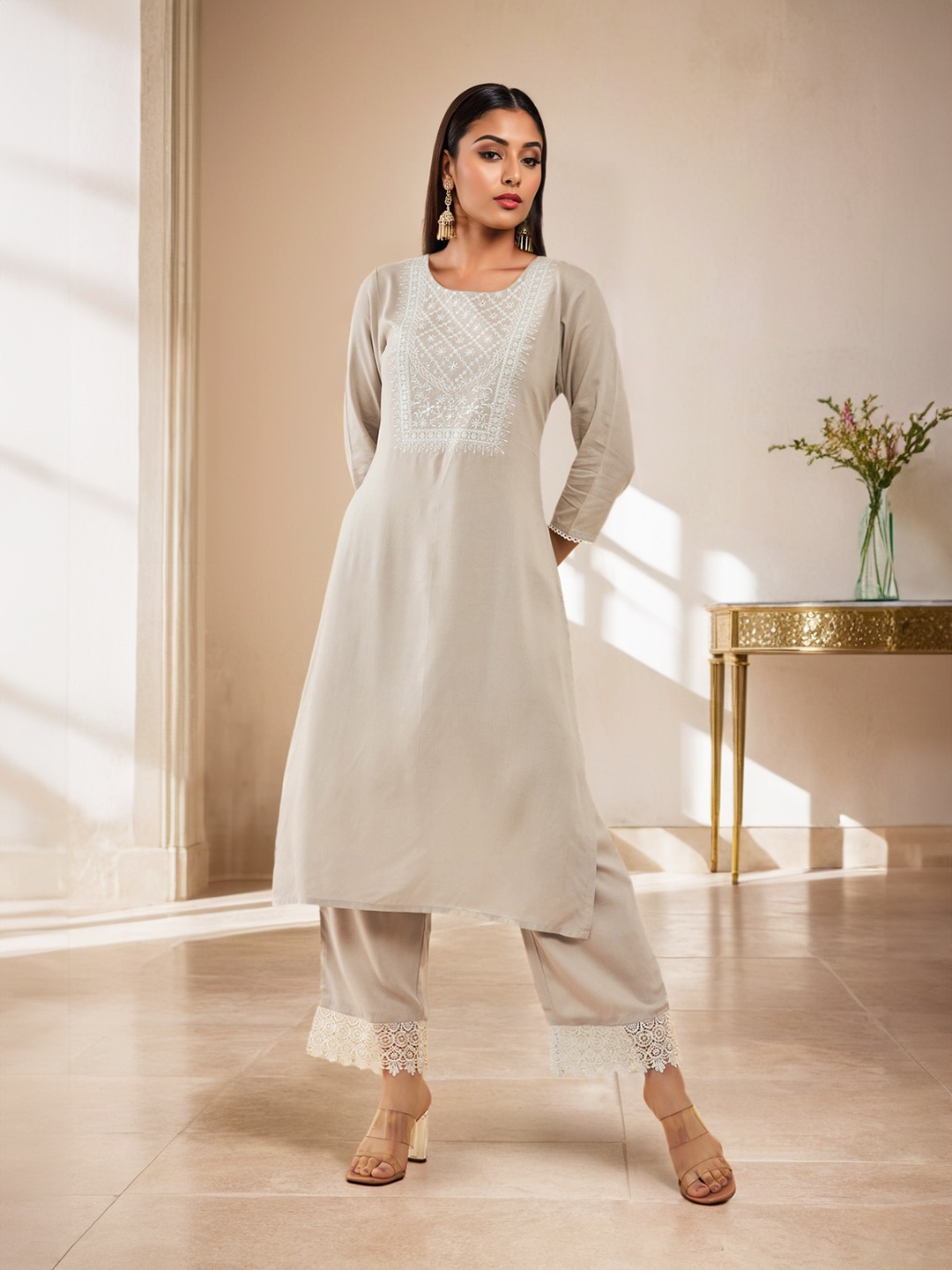 

Soch Ethnic Motifs Yoke Design Regular Thread Work Kurta with Palazzos, Grey