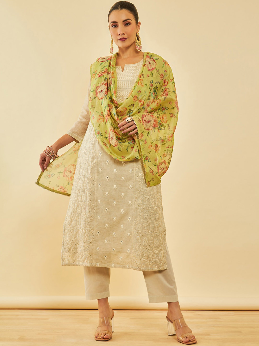

Soch Floral Embroidered Regular Thread Work Chanderi Silk Kurta with Trousers & Dupatta, Beige