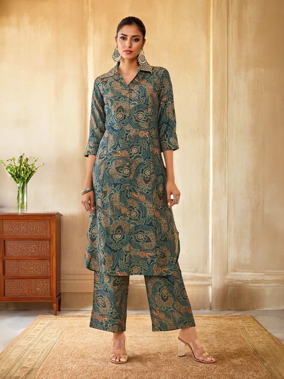 

Soch Paisley Printed Regular Thread Work Kurta with Trousers, Teal