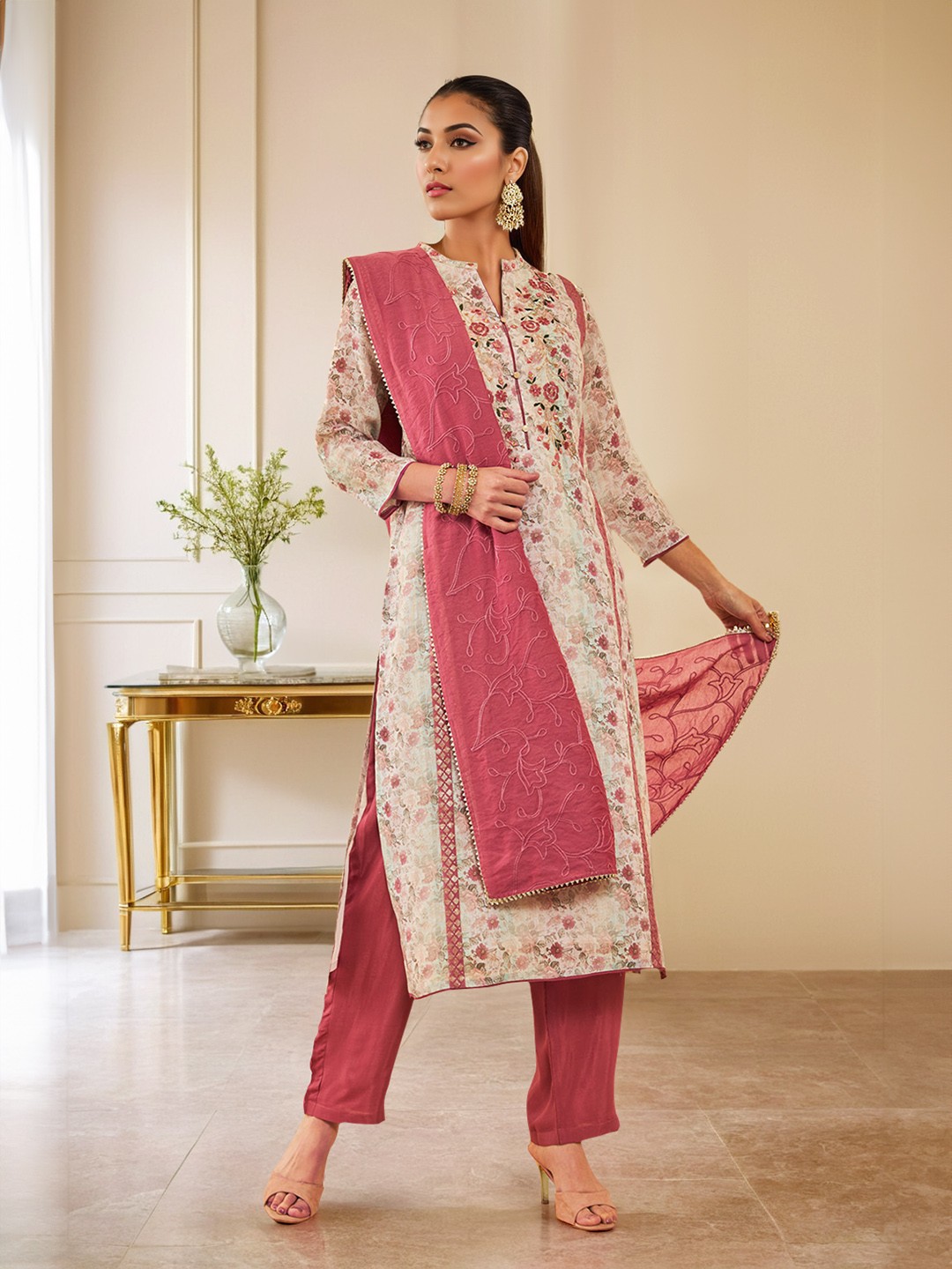 

Soch Floral Embroidered Regular Mirror Work Kurta with Trousers & Dupatta, Beige