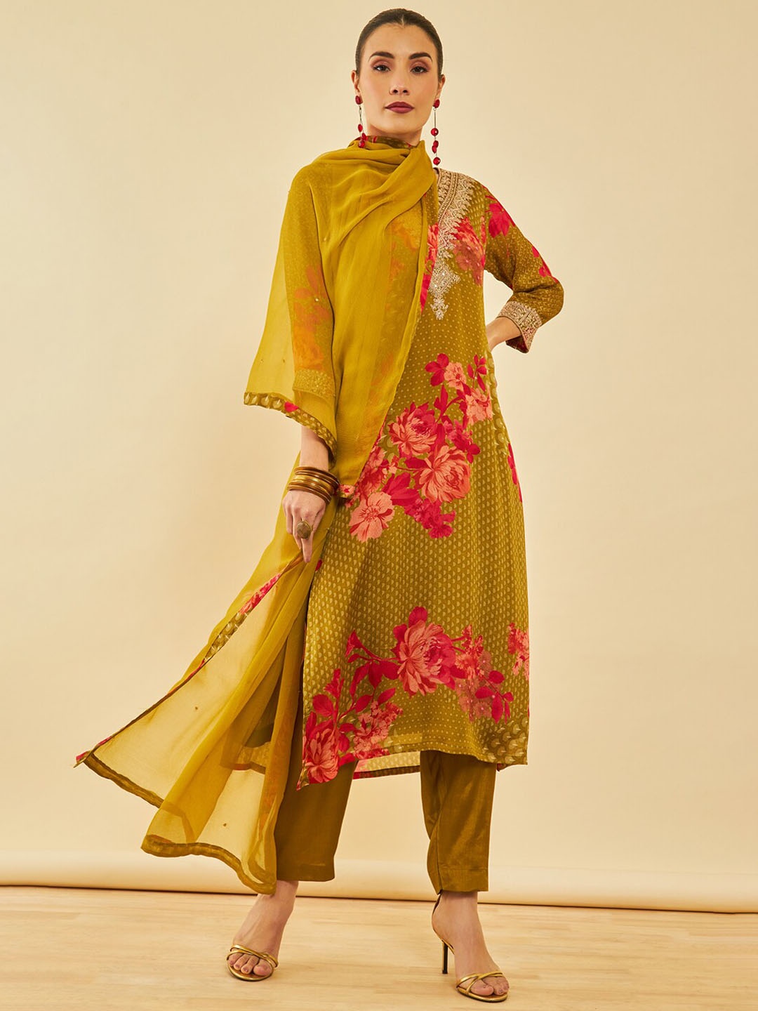 

Soch Green Floral Printed Thread Work Straight Kurta With Trousers & Dupatta