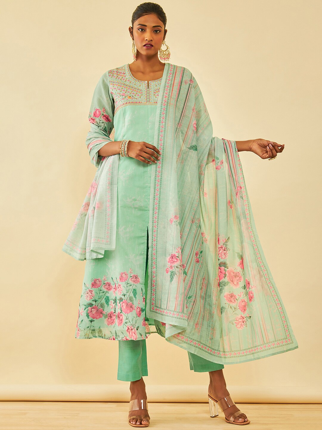 

Soch Floral Printed Regular Thread Work Chanderi Silk Kurta with Trousers & Dupatta, Blue