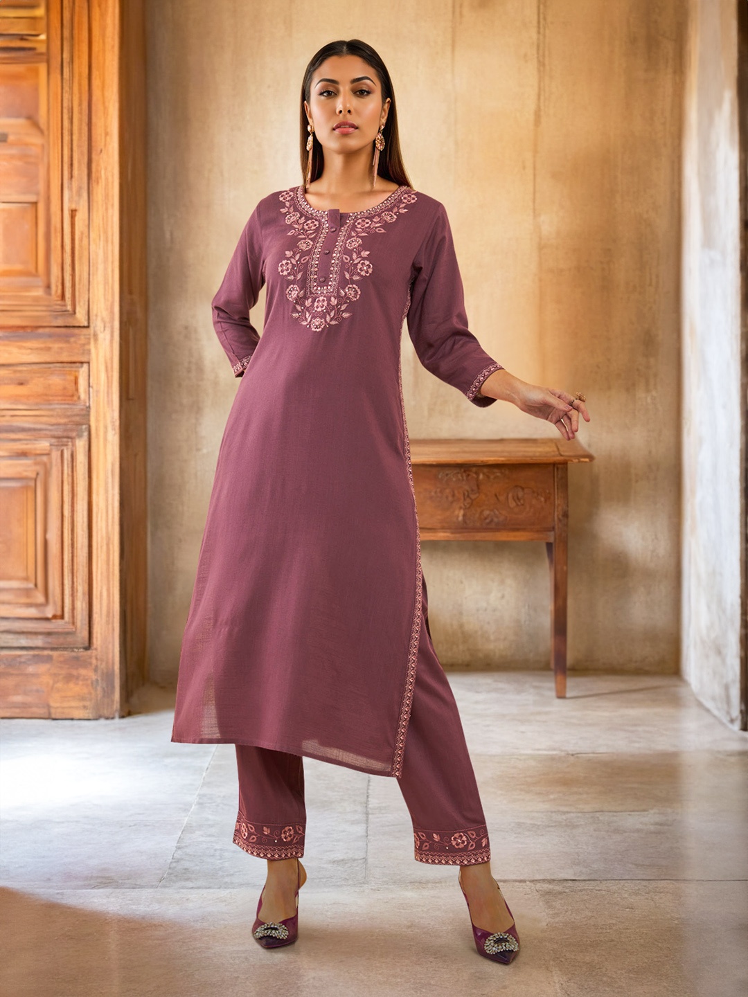 Soch Purple Floral Yoke Design Thread Work Straight Kurta With Trousers