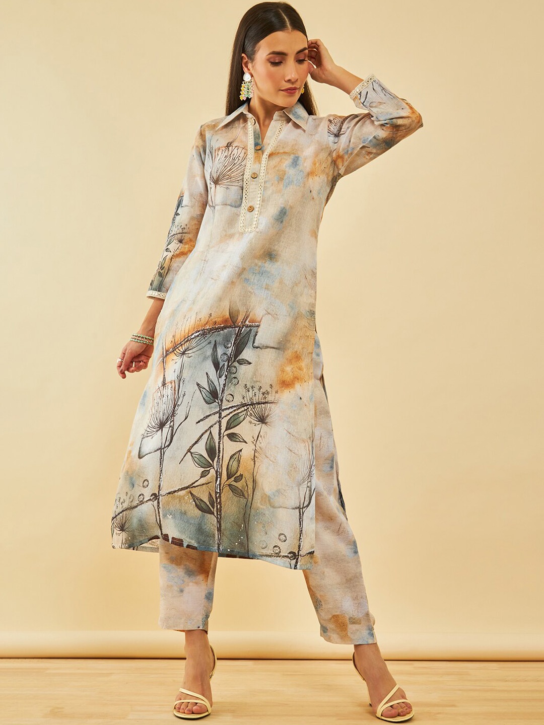 

Soch Floral Printed Regular Mirror Work Kurta with Trousers, Beige