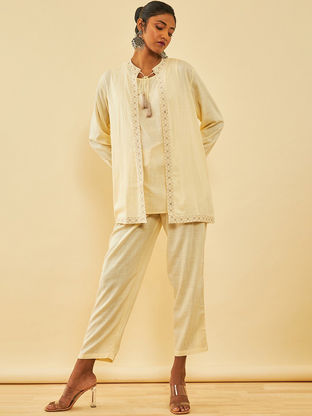 

Soch Round Neck Top & Trouser With Shrug, Cream