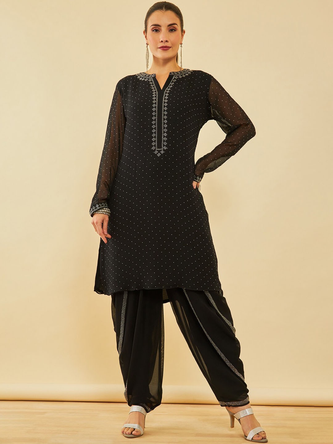 

Soch Printed Regular Beads and Stones Kurta with Dhoti Pant & Dupatta, Black