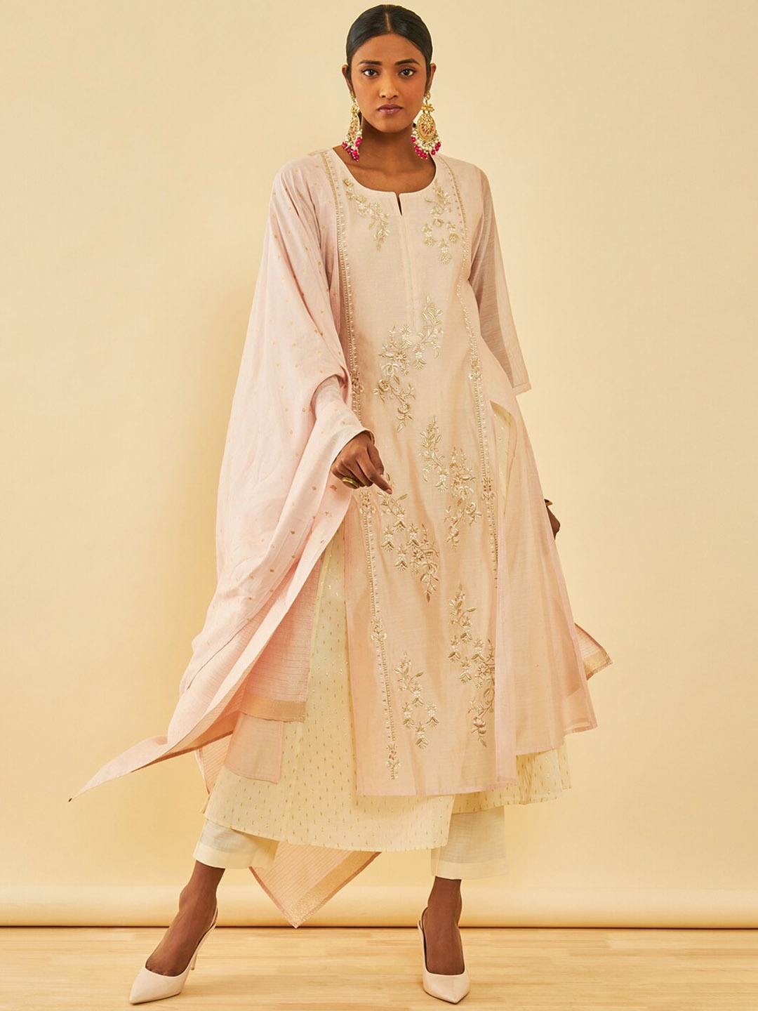 

Soch Floral Embroidered Layered Thread Work Chanderi Silk Kurta with Trousers & Dupatta, Pink