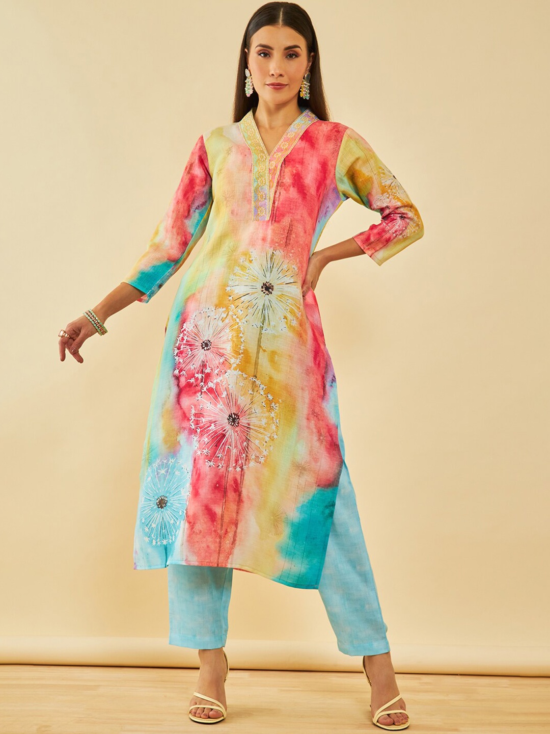 

Soch Blue Floral Printed Thread Work Straight Kurta with Trousers