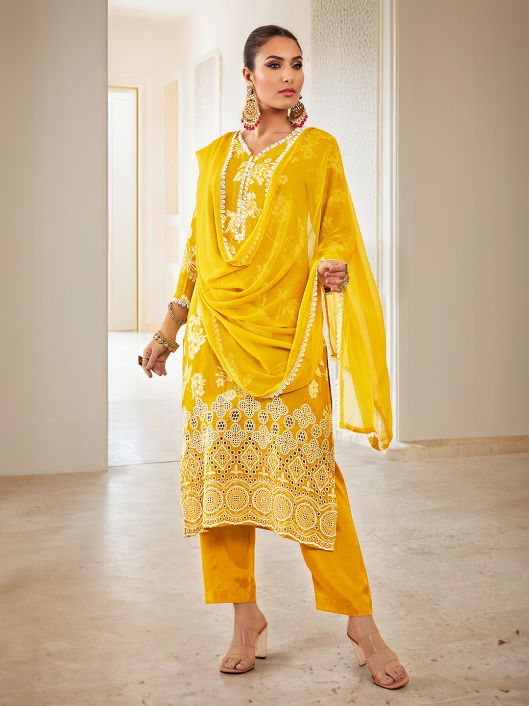 

Soch Floral Printed Regular Thread Work Kurta with Trousers & Dupatta, Mustard