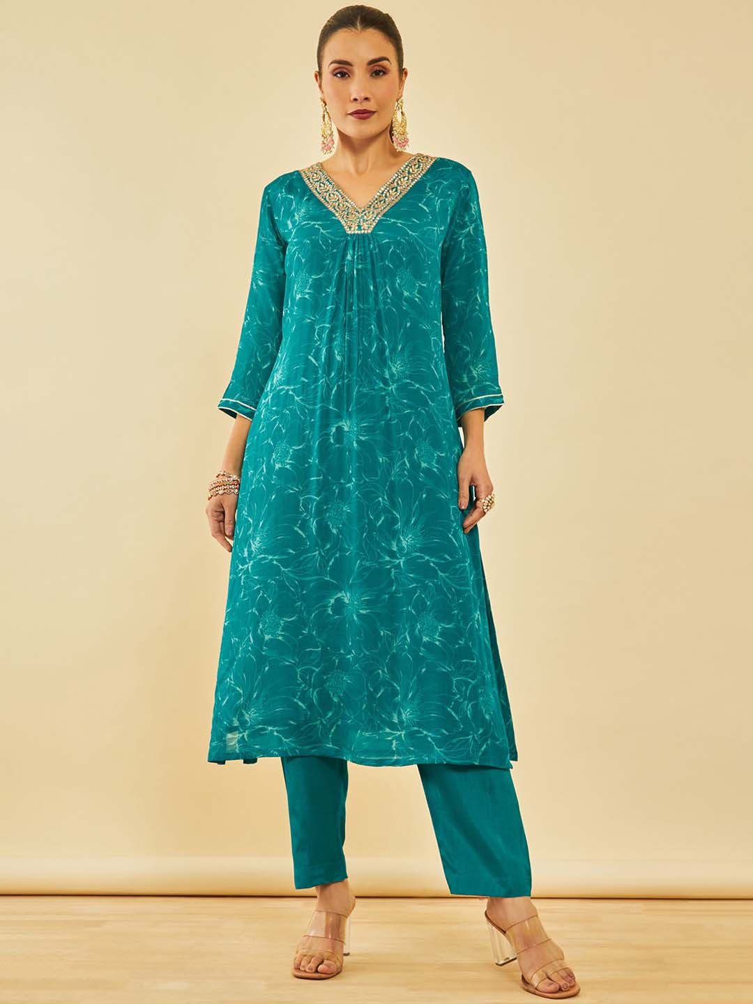 

Soch Teal Green Floral Printed Thread Work Straight Kurta With Trousers & Dupatta