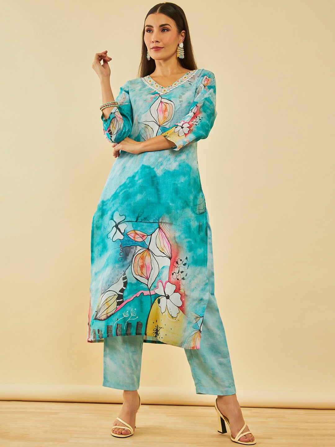 

Soch Floral Printed Regular Mirror Work Kurta with Trousers, Green