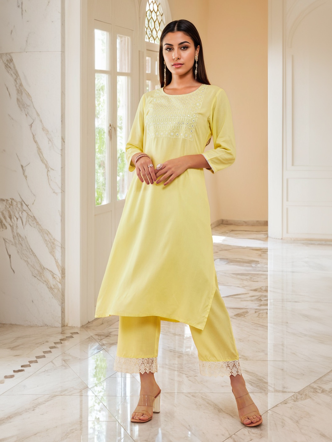 

Soch Yellow & White Yoke Design Embroidered Straight Kurta With Palazzos