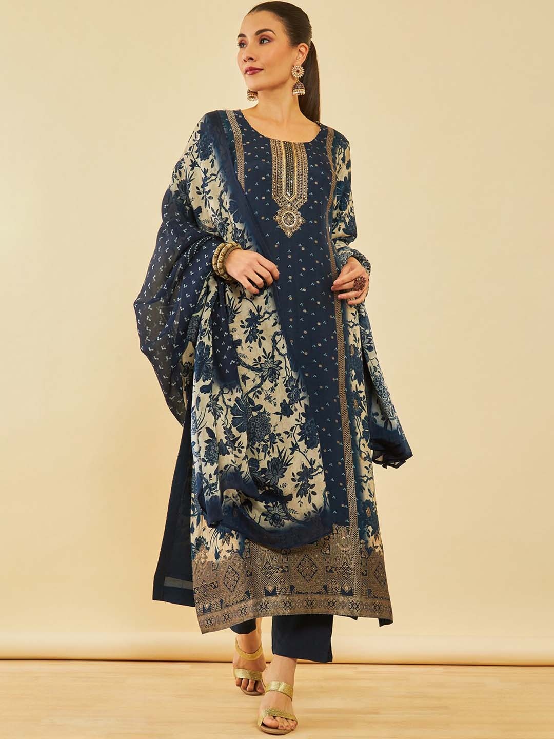 

Soch Navy Blue & Beige Floral Printed Straight Kurta With Trousers & Dupatta