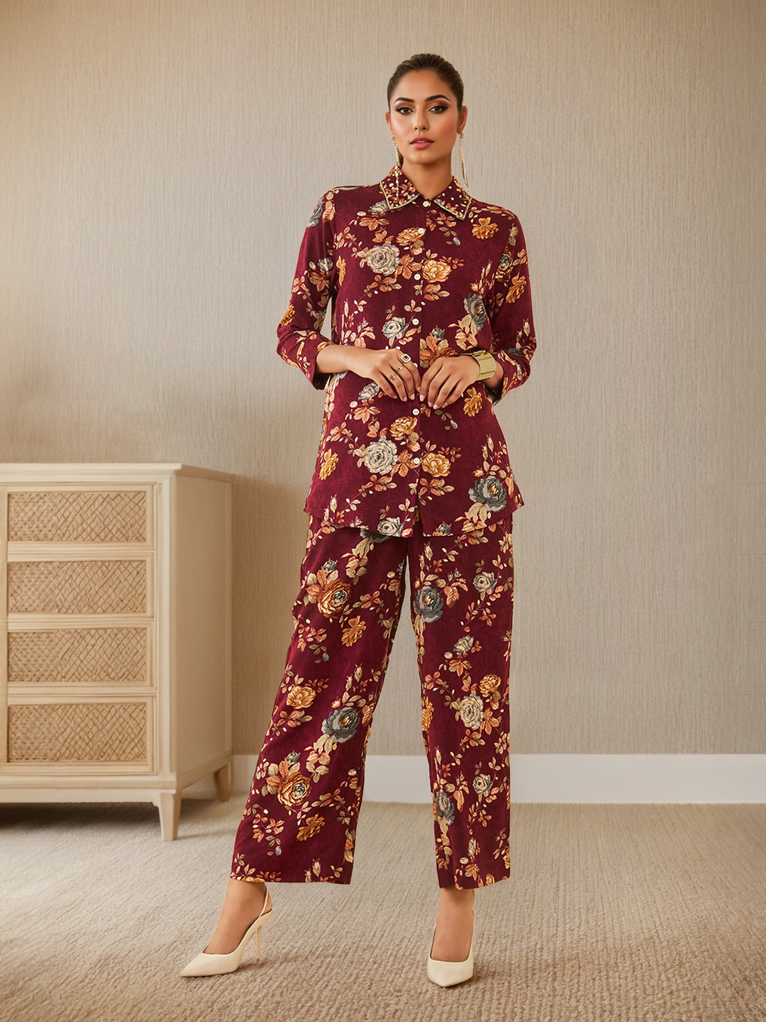 

Soch Marron & Grey Floral Printed Top with Trousers, Maroon