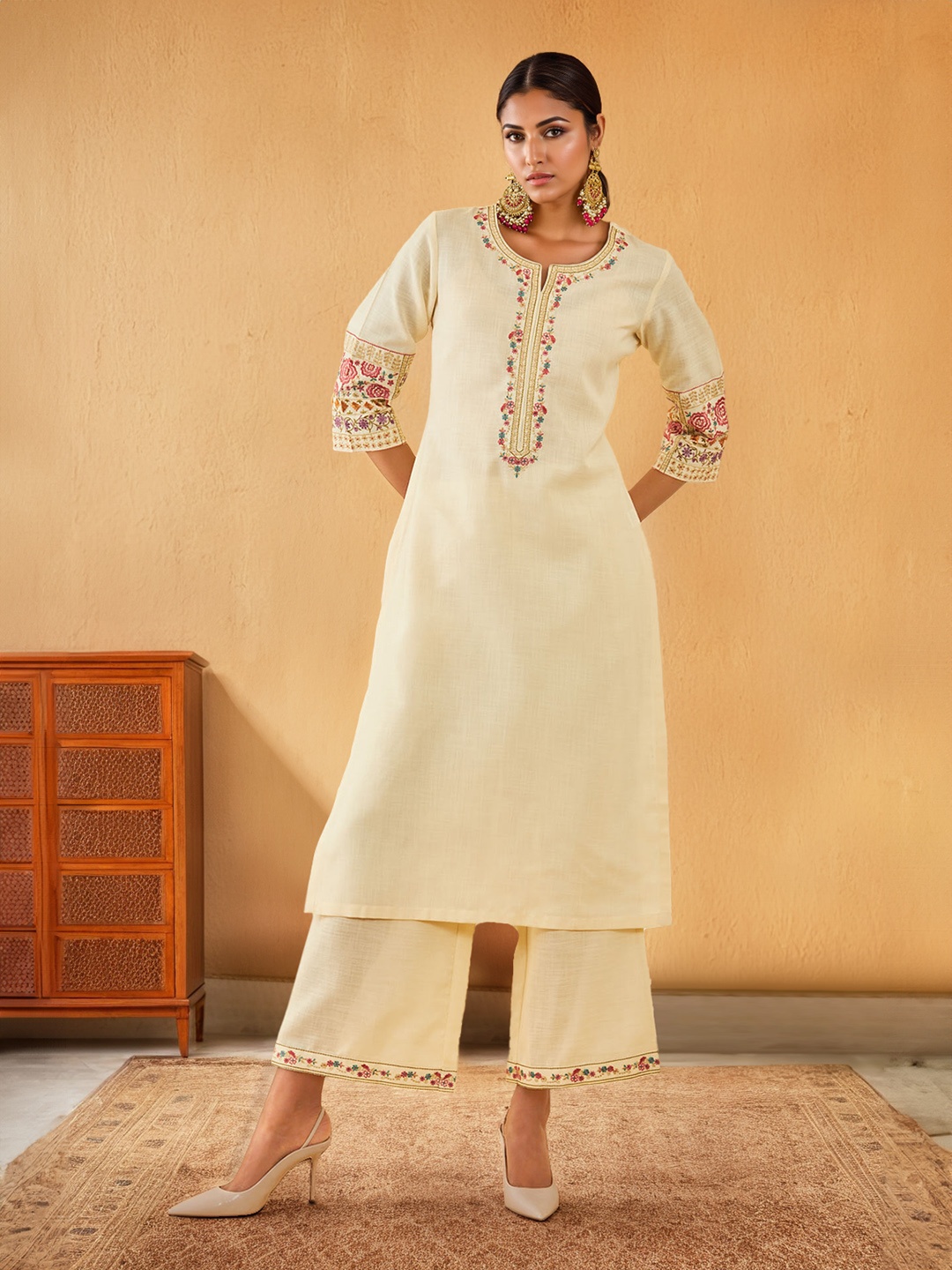 

Soch Floral Yoke Design Regular Thread Work Kurta with Palazzos, Off white